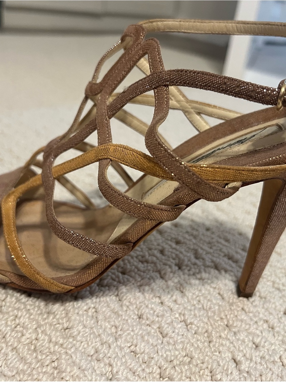 Brian Atwood Strappy High Heel Sandals in Brown and Tan